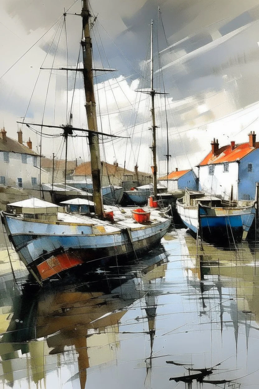 English fishing port in the style of Christopher Forsey