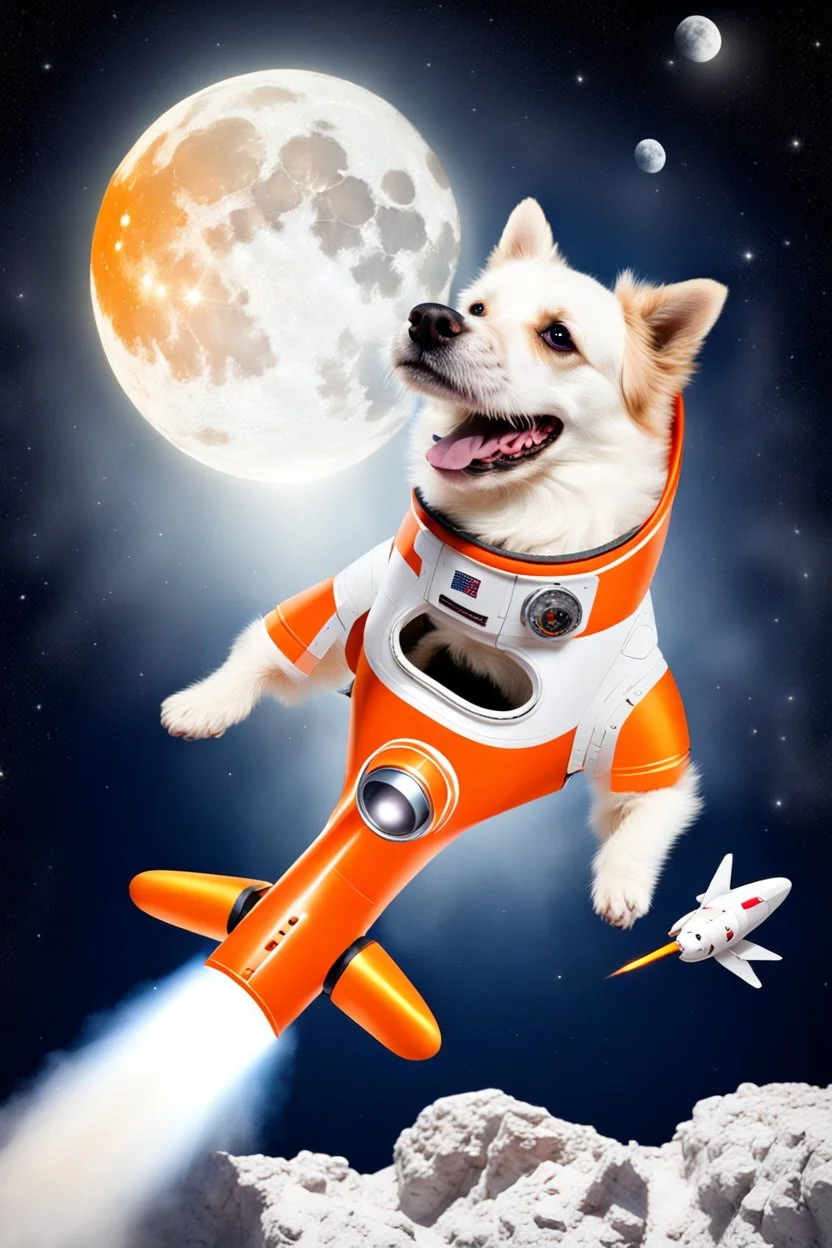 white and orange dog flies to the moon top of the a rocket