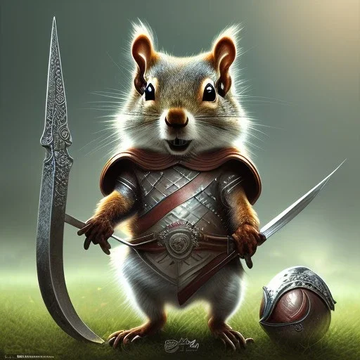 highly detailed and realistic squirrel, dressed as a medival soilder with sword and shield, guarding his nuts high detail, realism, vibrant colours, graffiti accents, complementary colours, splash art, perfect composition, beautiful detailed intricate insanely detailed octane render trending on artstation, 8 k artistic photography, photorealistic concept art, soft natural volumetric cinematic perfect light, chiaroscuro, award - winning photograph, masterpiece, oil on canvas, raphael, caravaggio