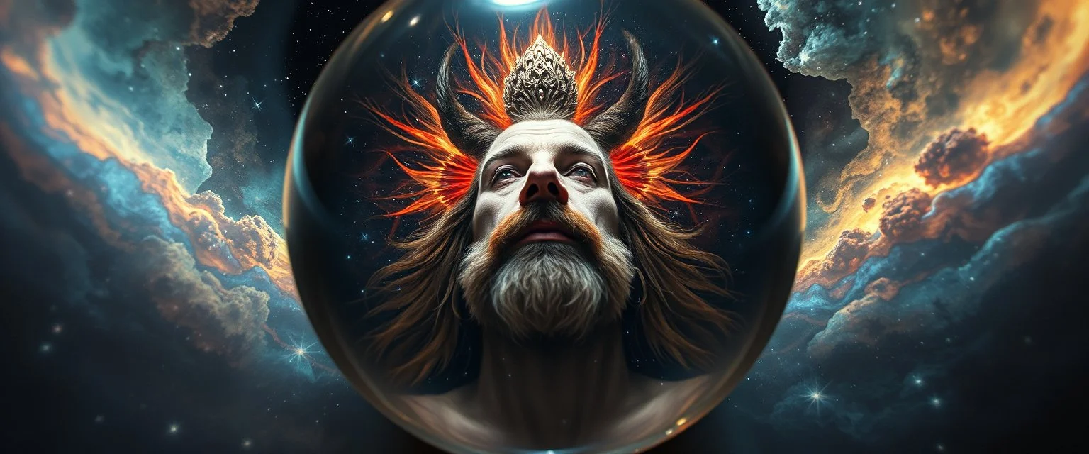 pinhole pic into 4th dimension ,awake within a dream, portrait of ascended chakra master blaster, master oil painting by Rembrandt, escape route from our dimensions, hidden even to the zebra worm hole inside crystal ball