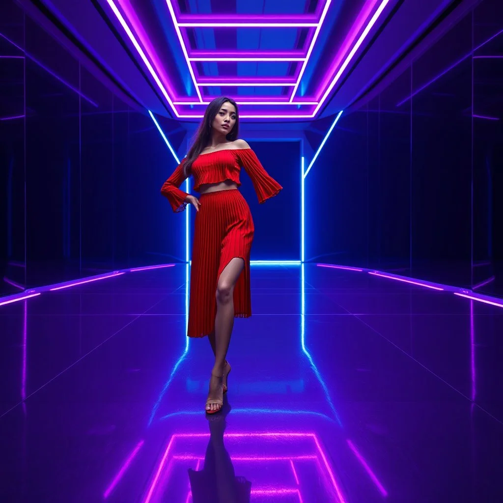 Professional fashion photography of a woman in a vibrant red pleated two-piece outfit posing gracefully. She is set within a minimalist futuristic interior dominated by cool blue and purple neon lighting. The glossy metallic floor perfectly reflects the glowing geometric architecture. High-end cinematic lighting with deep shadows and sharp highlights.