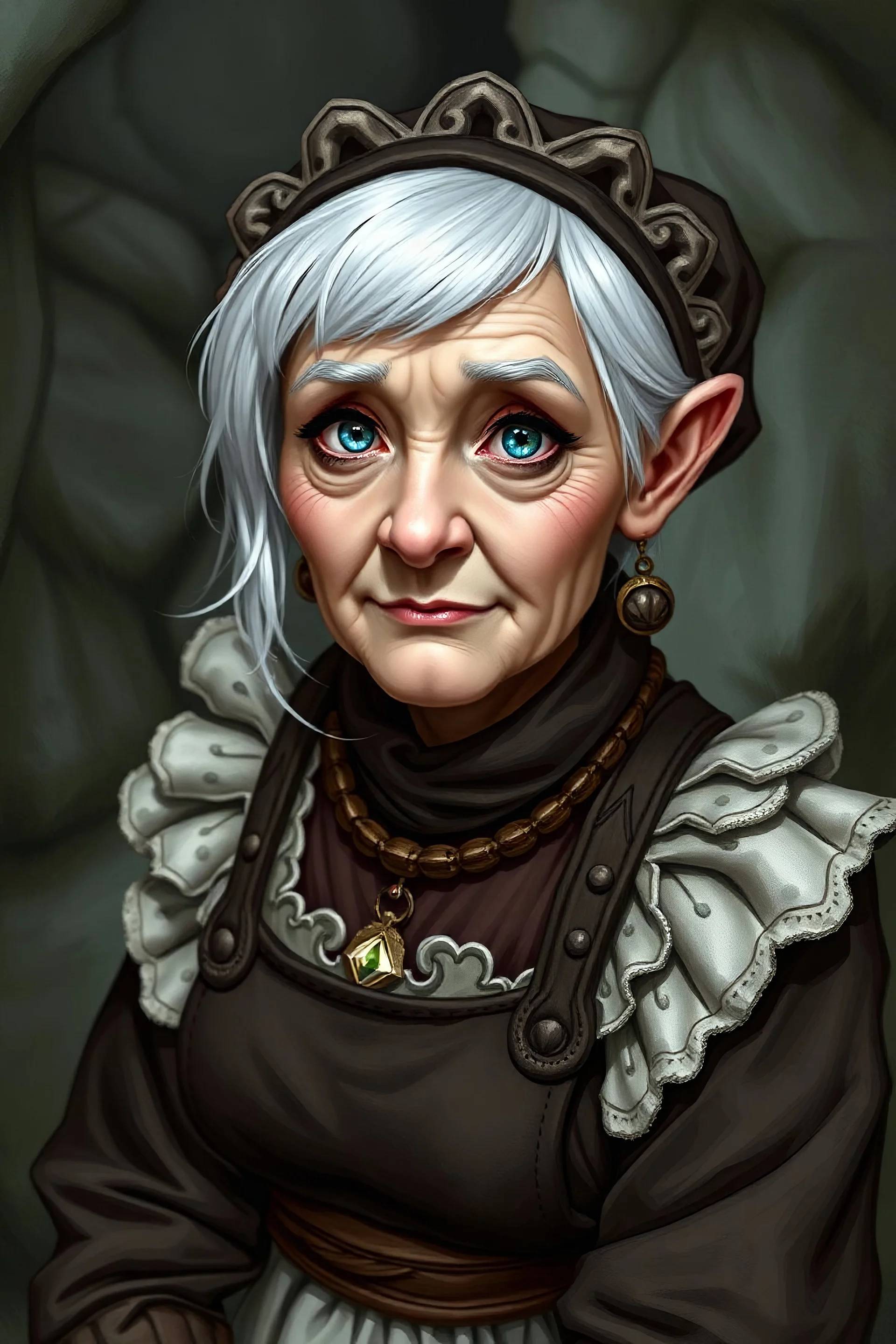 elderly female Dwarf inkeeper in a fantasy style. with short white hair, blue eyes. Dressed in a maid outfit