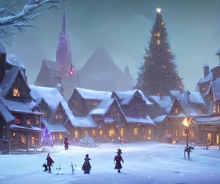 A magical snowy warlock town with a Christmas tree