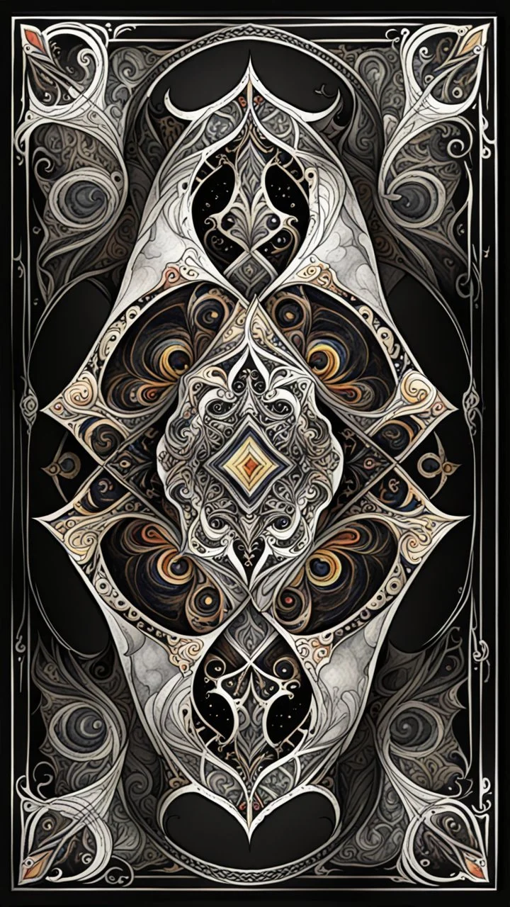 create a full color, ink wash and watercolor, ornate abstract expressionist arabesque style bordered symmetric playing card template on a black background