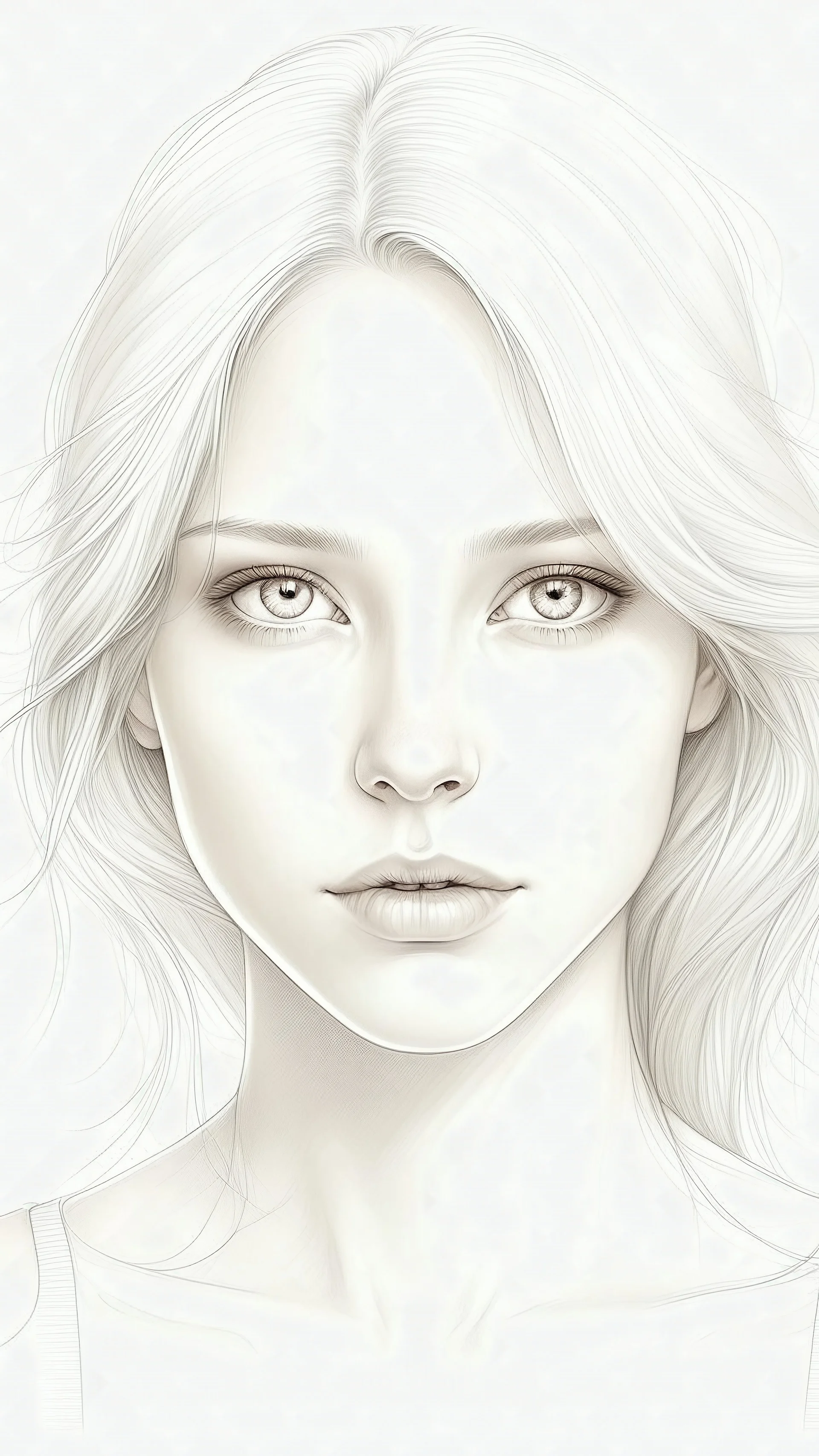 A beautiful face of woman all white skin, white eyes, white hair on a white background, pencil drawing style