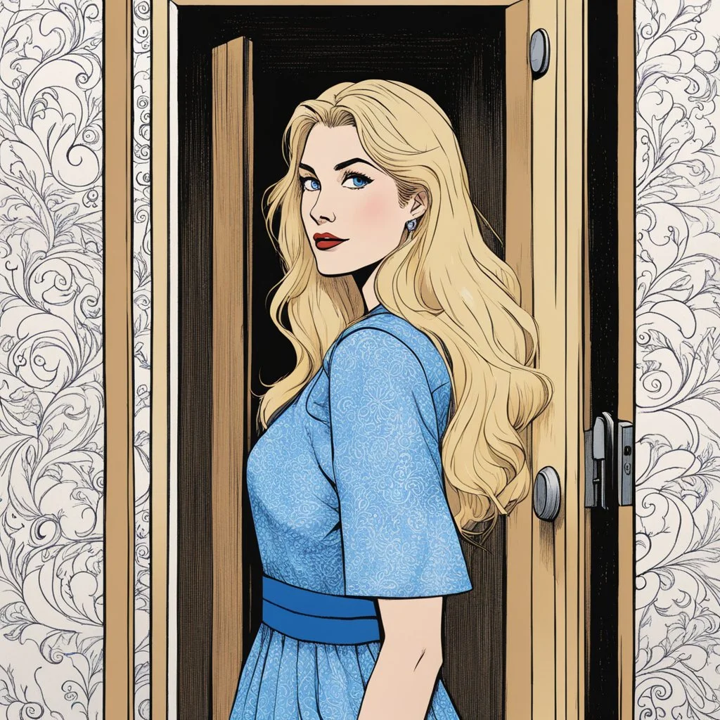 illustration by underground comix artist, Brion Gysin of: You ring, your 35 years old parents' friend opens the door. , with her flowing blonde hair and striking blue eyes, embodies a kind of beauty that is both alluring and enigmatic. she wears a simple short dress, looking down at you. she is the teacher