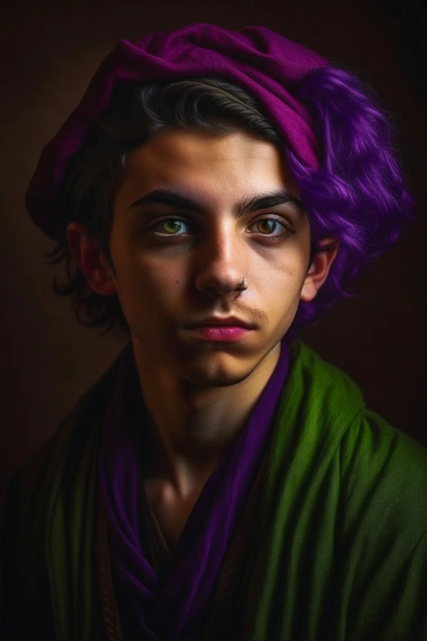 A portrait of a young elf, a wizard, purple hair, Caravaggio style