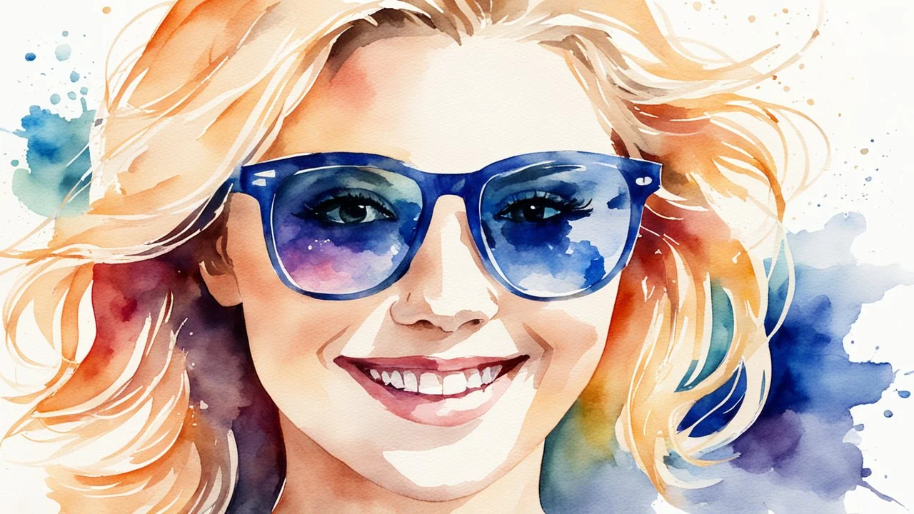 Watercolor happy blonde woman sunglasses portrait head and shoulders