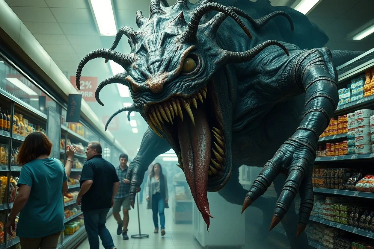 A horrific giant monstrosity abomination monster with sharp teeth, guts, secretions, unnerving appearance, long tongue, grotesque body, poisonous stingers, chasing grocery store employees down the isle, chaos and horror, cinematic body horror