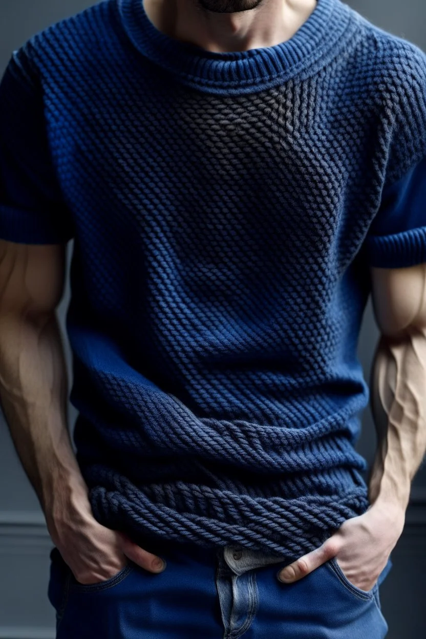 Man's short indigo wrapped knitted jumper on a white t-shirt