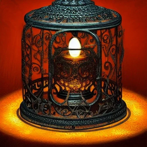 fireflies inside a wrought iron carved bell jar, luminescent glow, highly intricate, fireflies, ornate, highly detailed digital painting, sharp focus, warm tones, ultra realistic, swirling mist, photorealistic