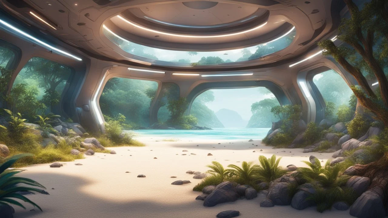 beautiful and shiny realistic beach near a forest garden inside a spaceship
