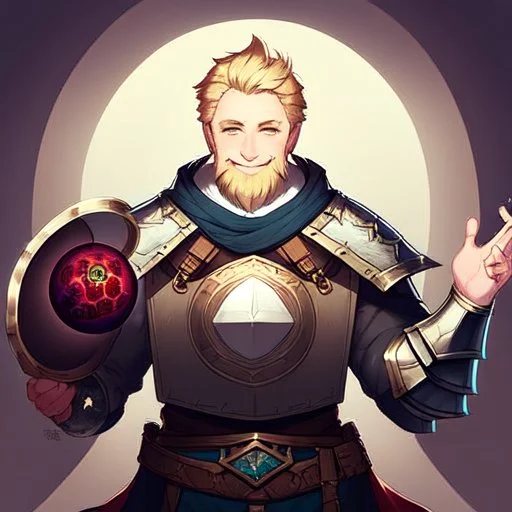 A nord male battlemage from Skyrim, full plate nordic armor, blond hair of medium length, hearty, smiling, thick short beard, an electric sphere in right hand, correct proportions