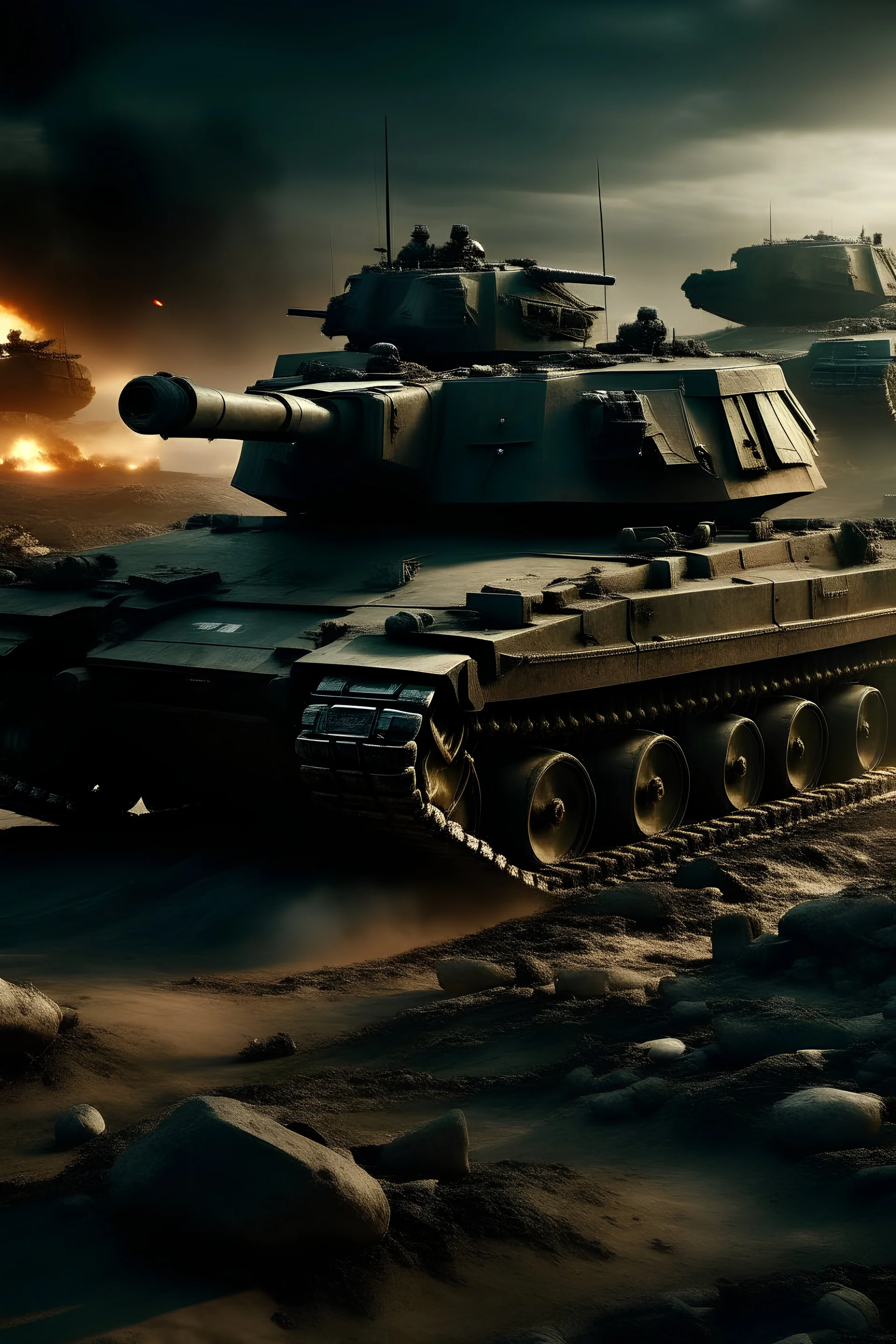 20mm color photo of a gigantic tank, on a battlefield, depicting a dark future where robotic cyborg soldiers and heavy vehicles shooting lasers wage a devistating war.