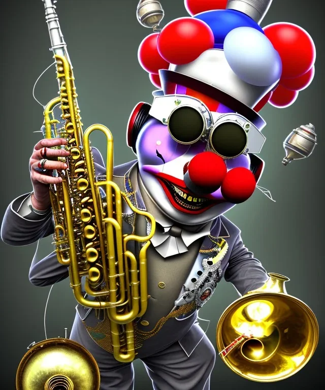 mechanoid happy friendly fat clown playing jazz with a steampunk theme, trumpet, danish flag, realistic