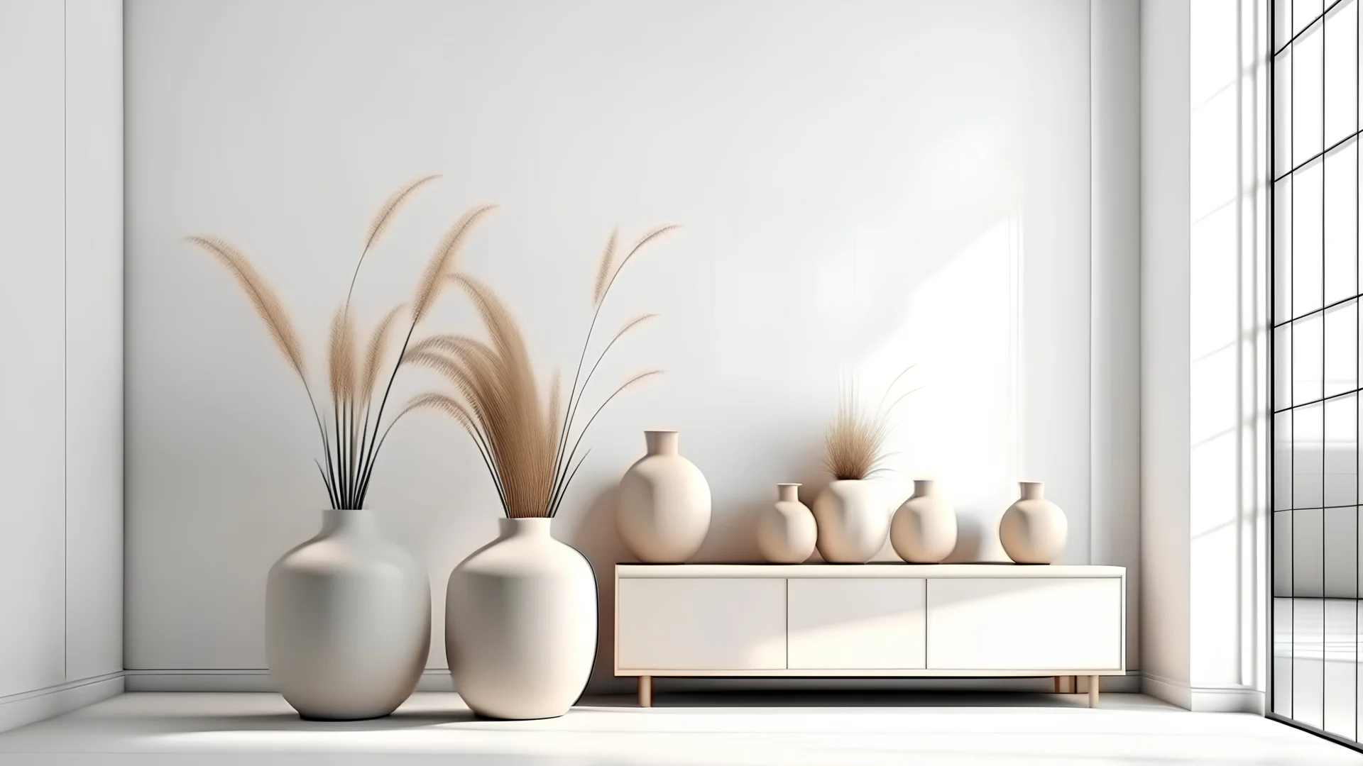 Modern bright minimalist interior blank wall in living room, dry plants in vases. 3d render illustration mock up.