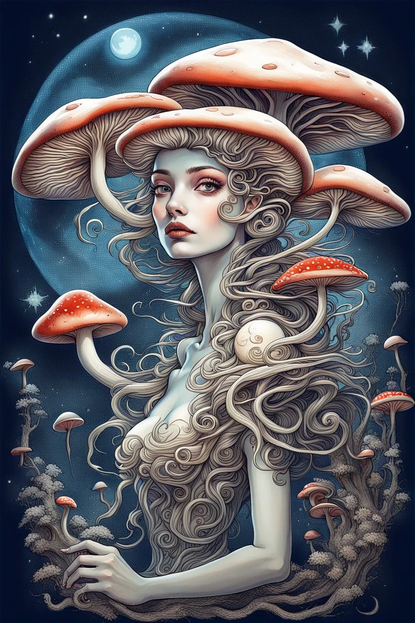 Beautiful portrait rococo mushroom fairy, detailed eyes, realistic features, hq, fungi, celestial, moon, galaxy, stars, by Salvador Dalí, giger, Hieronymus Bosch, victo ngai, fungi, celestial, Ryan Hewett