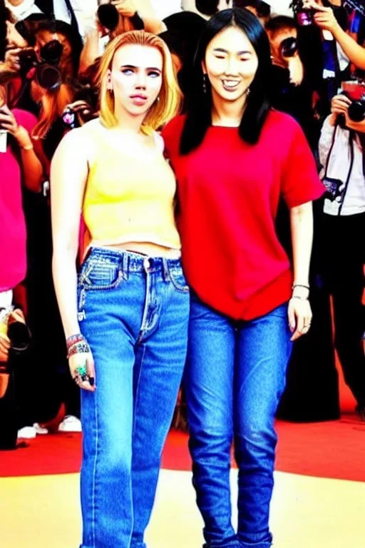 baggy jeans. Fashion colors 2023. Scarlett Johansson and Alina Li, shimmer. Blocks/squares/bars of fashion colors in the background of the image. Cool fashion outfit for the year 2023