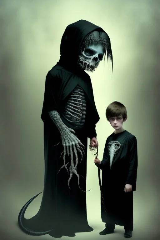7 year old boy, necromancer, friendly, looks dead,with a long lamprey emerging from his belly , wearing black robes, in the style of H.R. Giger