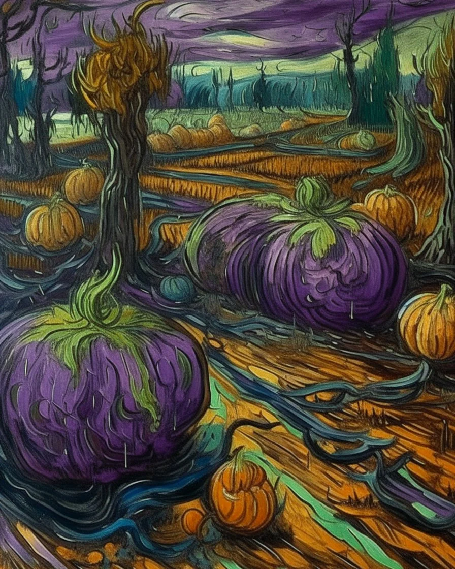 A purple swamp with rotten pumpkins painted by Vincent van Gogh