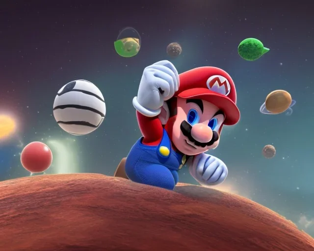 super mario in spacesuit with planets in background