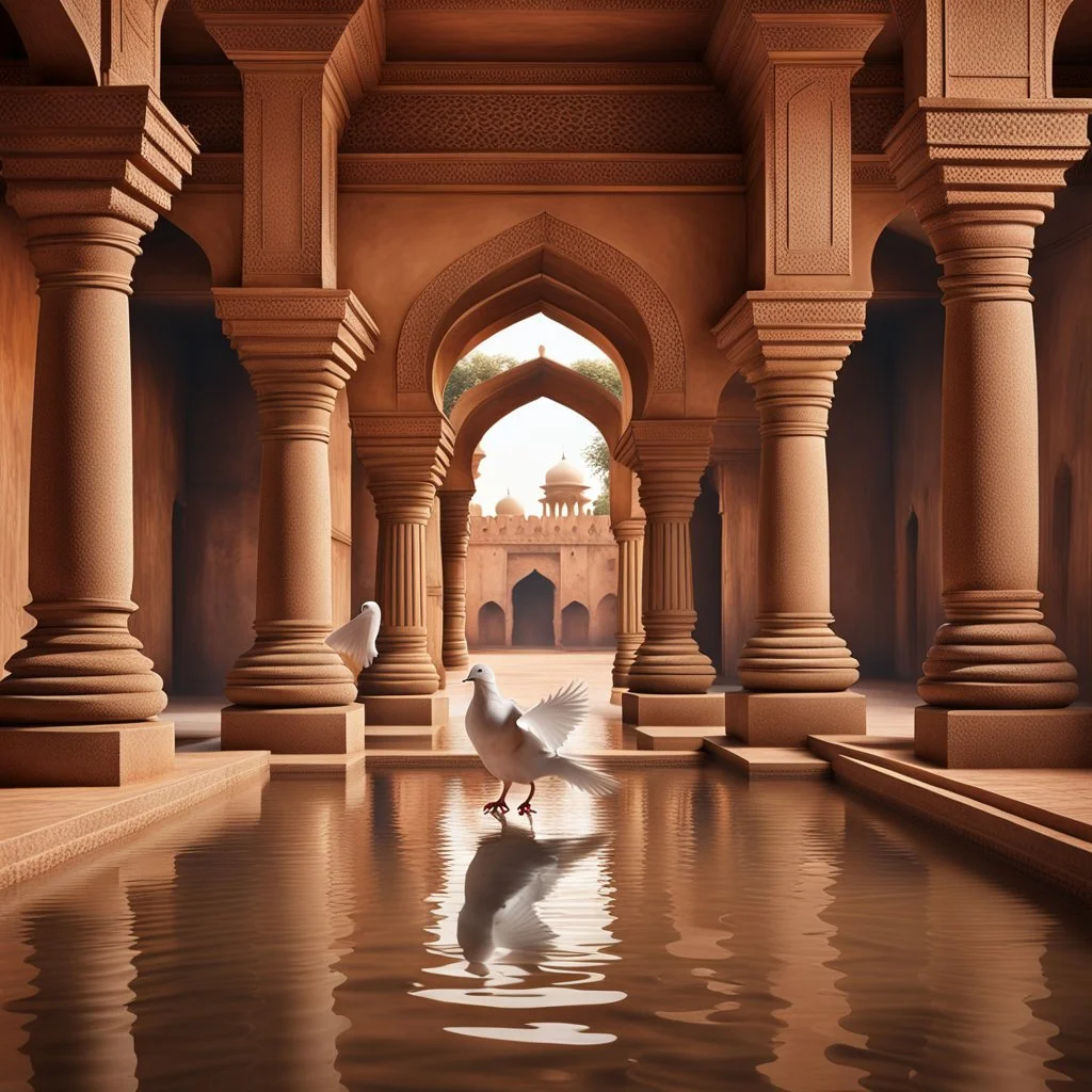 Hyper Realistic Photographic-View Of Dove Sitting On The Surface of a Traditionally-Crafted-Water-Fountain inside Traditional Rajasthani Fort With Traditional-Brown-Pillars & Traditional-Hallway showing dramatic & cinematic ambiance.