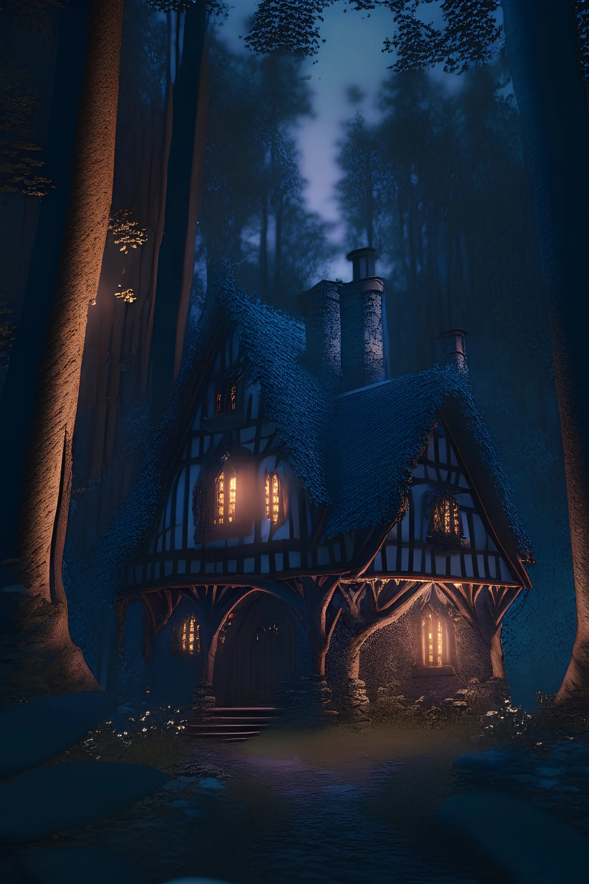 Medieval house in the forest at night, 8k Resolution, unearthly, dream-like, cinematic, smooth render, unreal engine 5, octane render, cinema 4d, HDR, dust effect, vivid colors