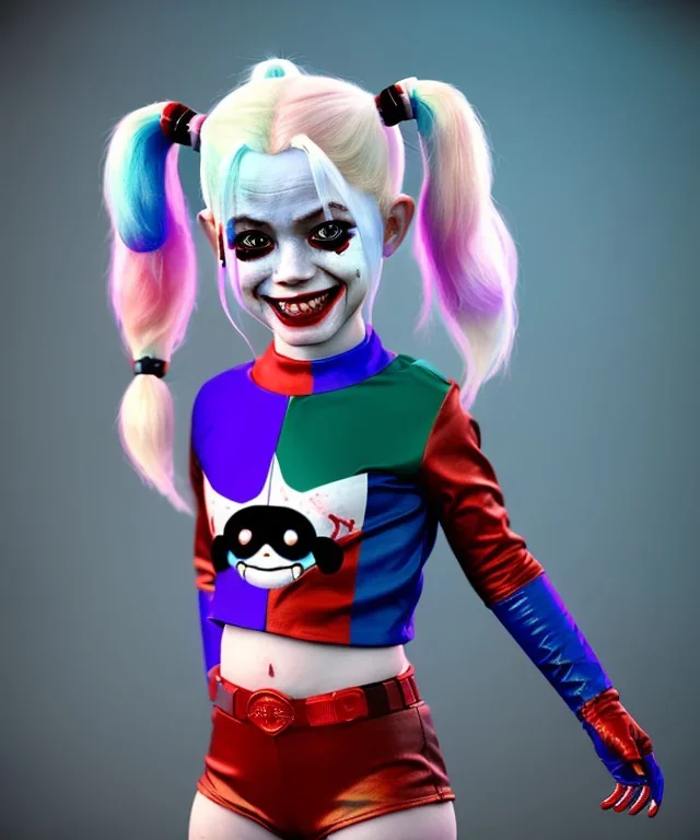 Harley quinn toddler, full body, soft skin, dramatic lighting, hyper realistic