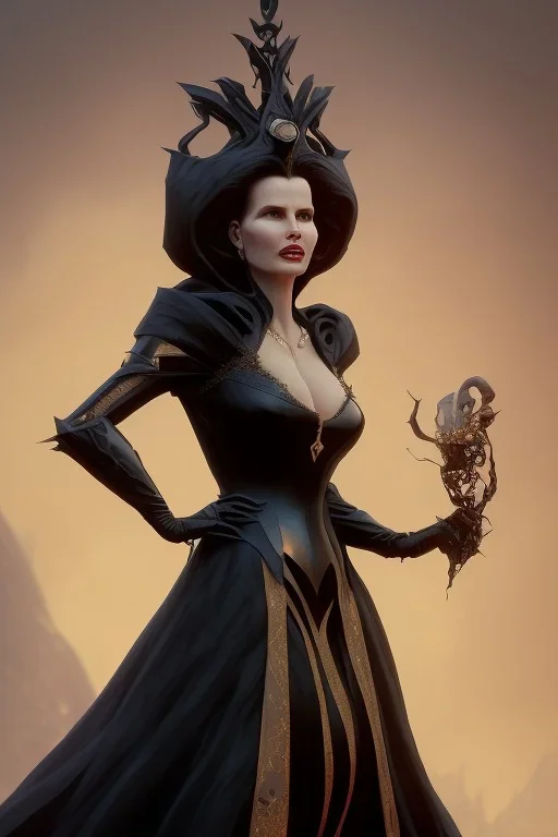 Geena Davis as evil queen in black leather gown, evil, busty, cleavage, curvy, angry, stern look. character design by cory loftis, fenghua zhong, ryohei hase, ismail inceoglu and ruan jia. unreal engine 5, artistic lighting, highly detailed, photorealistic, fantasy