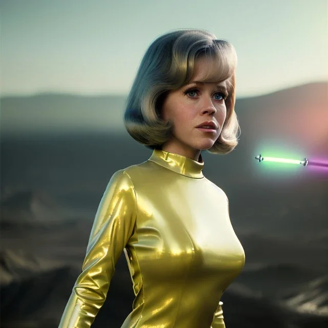 Ultra Realistic retro sci-fi portrait image from 1960, spaceship, sweet young Jane Fonda, dress with tight latex suit, lightsaber, soft color, highly detailed, unreal engine 5, ray tracing, RTX, lumen lighting, ultra detail, volumetric lighting, 3d, finely drawn, high definition, high resolution.