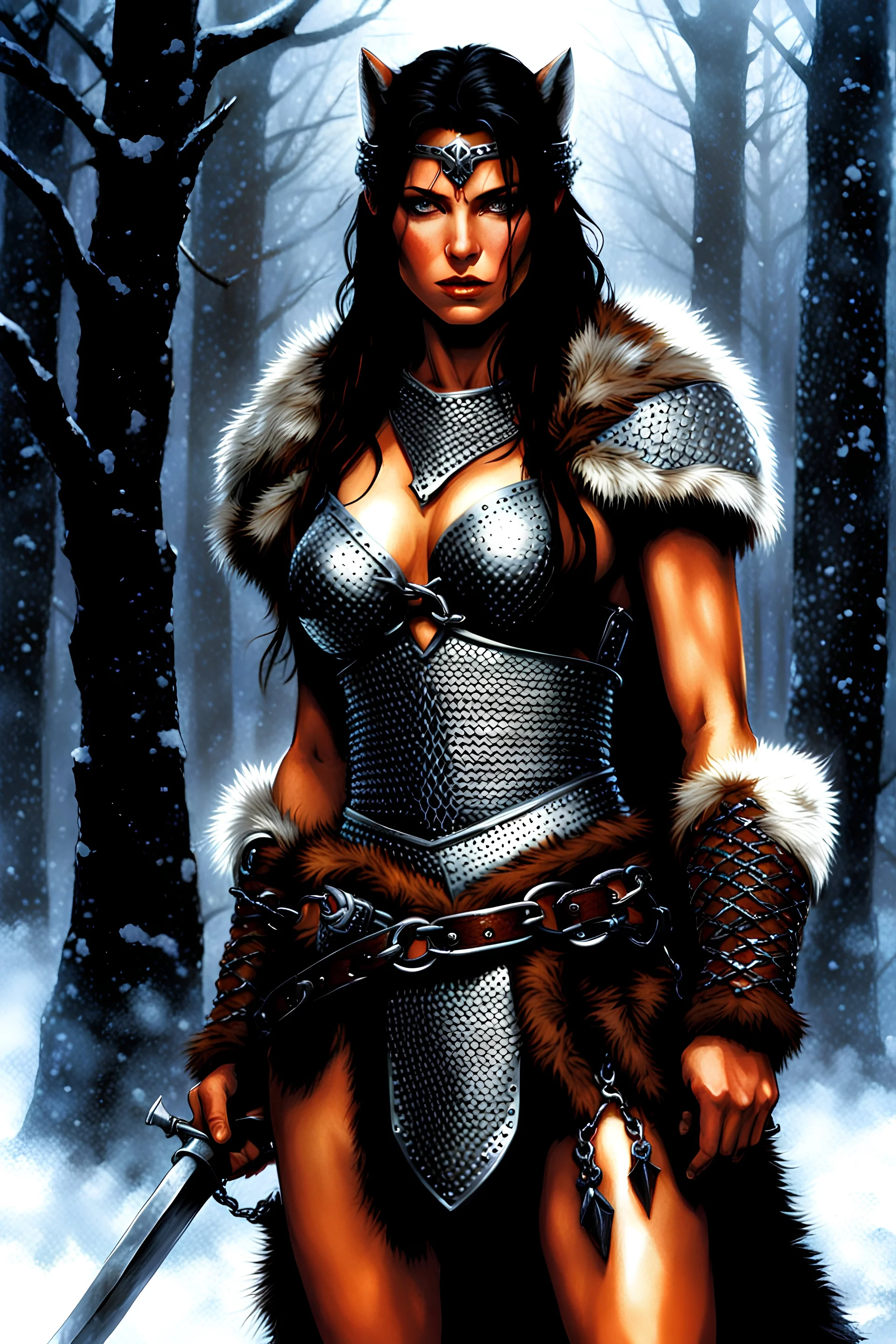 In the art style of Luis Royo: A female barbarian in chain mail and furs. Clip hunter for face reference.