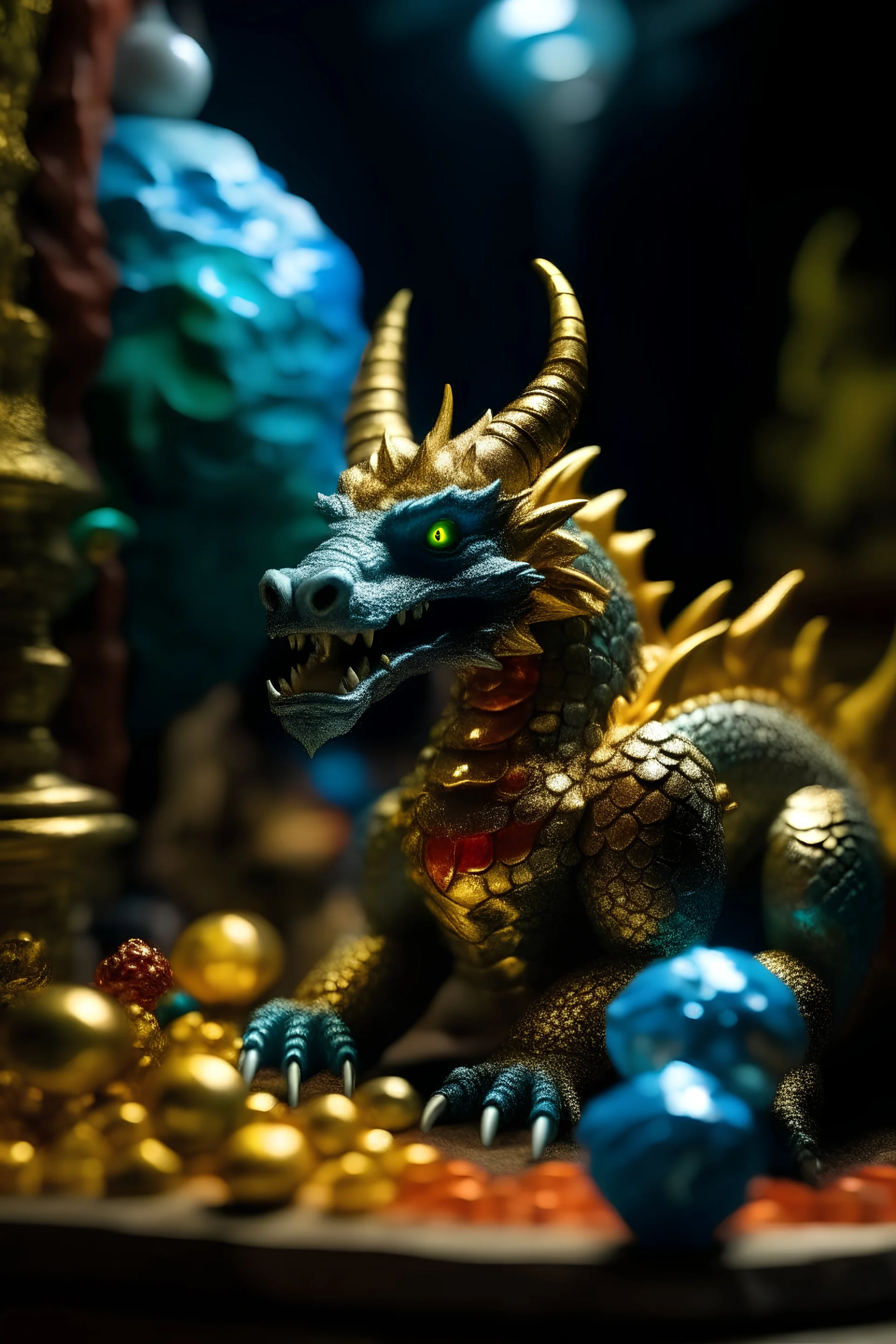 acrylic and spray paint, the beast who prefers quantity over quality, dragon hoarding gold, gems, pearls and bitcoin in cave palace, zeiss prime lens, bokeh like f/0.8, tilt-shift lens 8k, high detail, smooth render, down-light, unreal engine, prize winning