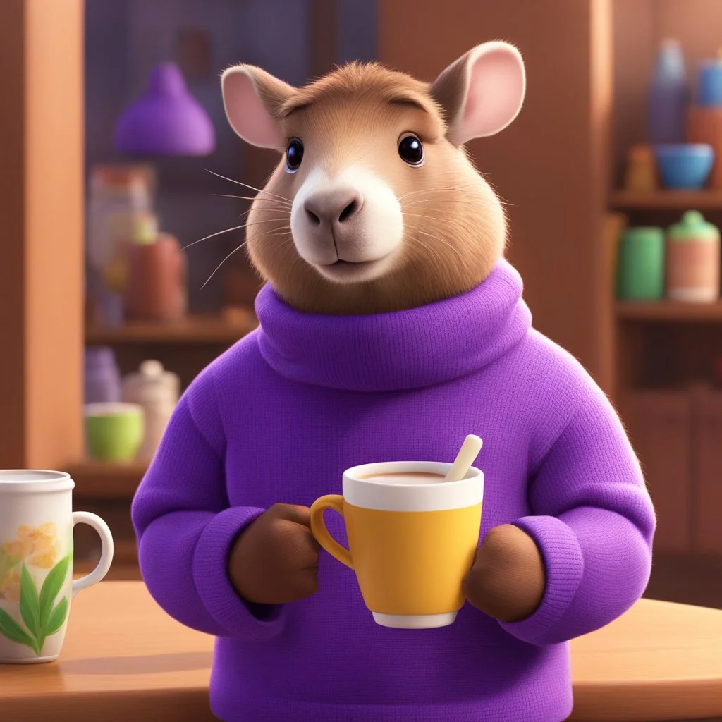 A Toy Story-style character material: a man wearing a purple turtleneck sweater, holding a cup of milk tea in his right hand, his left hand forming an orchid finger gesture. There is a capybara soaking in the cup.
