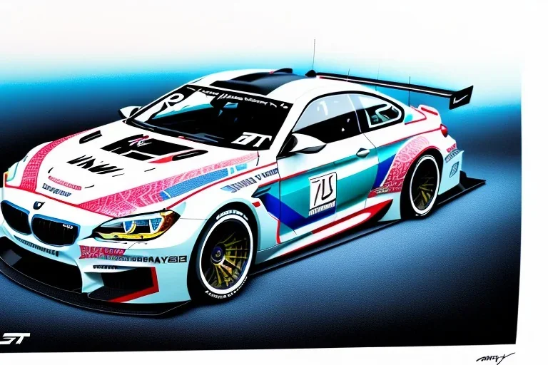 a true-to-life 2016 BMW M6 GT3, centered, intricate, extreme detailed, photorealism, center view, city background, pivot on bmw, pen and color marker painting by cheryl kelley