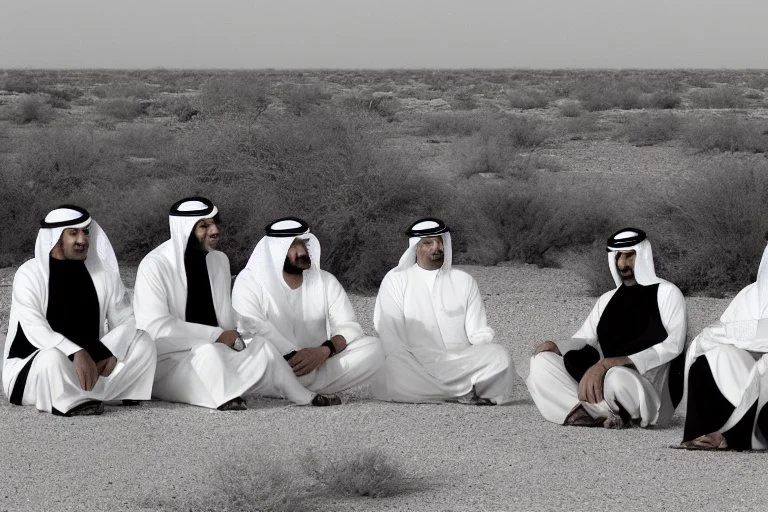 Four Arab sheikhs sitting in the desert wearing typical Arab dress, looking towards the four cardinal points. A talll fat european man in business suit wathhing them while thinking.