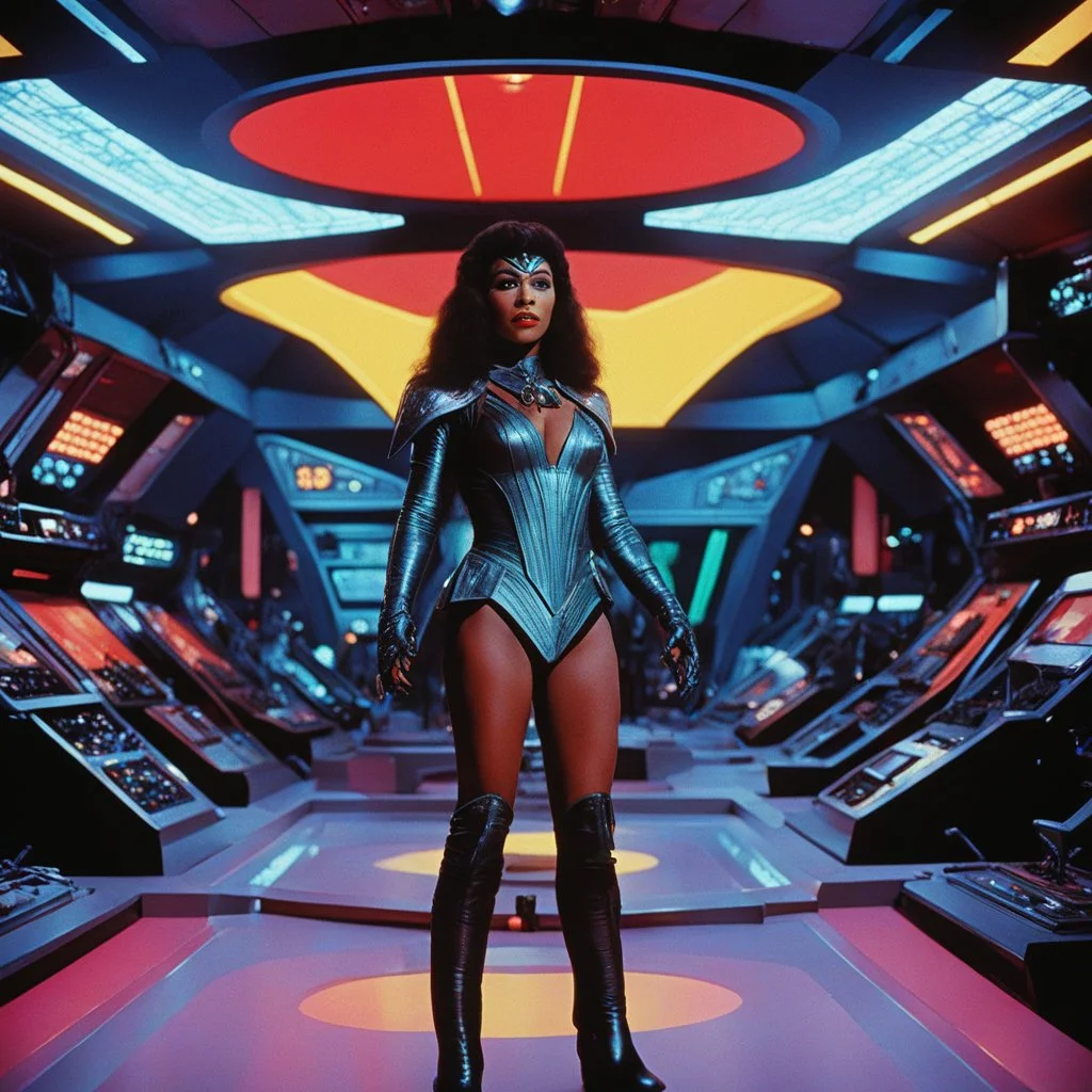 A vibrant, hyper-saturated 35mm film still from a lost 1970s Star Trek episode, directed by Ken Russell in a high-steroid, hallucinatory fervor. The young Madonna, reimagined as a defiant Klingon icon, stands in the cluttered, dimly lit, neon-washed Engineering section of a Klingon Bird-of-Prey. She wears rugged, black and red Klingon engineering underwear and harness (ribbed textures, leather, metal clasps), revealing her muscular, powerful physique. She has messy, dark braided Klingon hair, pr