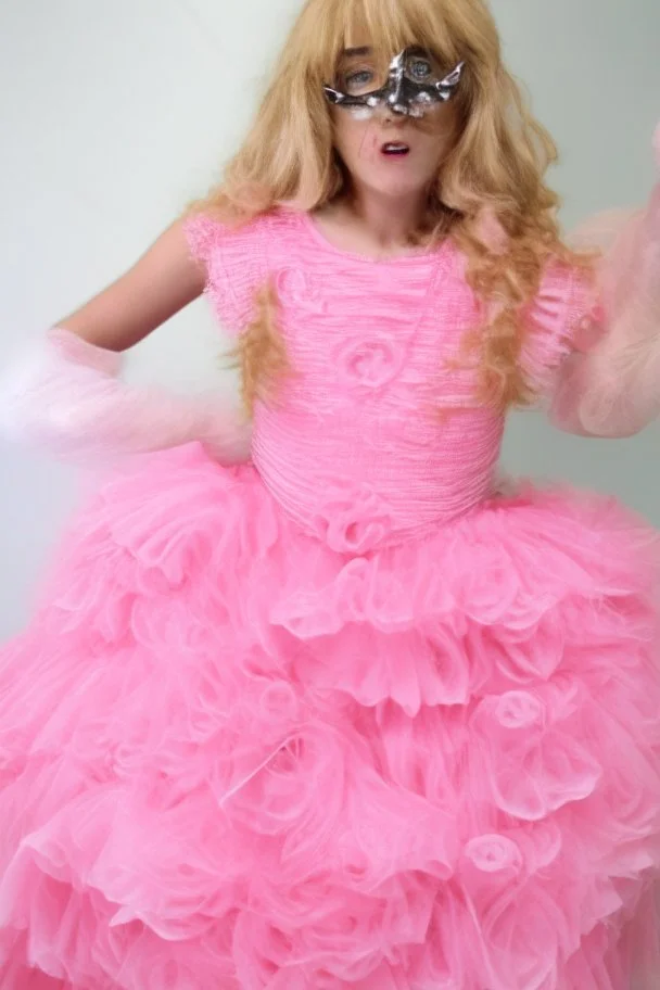 wearing a pink, frilly princess gown