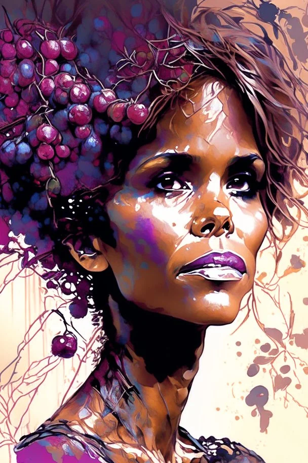 Portrait of gorgeous young Halle Berry surrounded by berries by Awwchang and James Christensen and CGSociety and Carne Griffiths and Minjae Lee, fun background, Lou Xaz