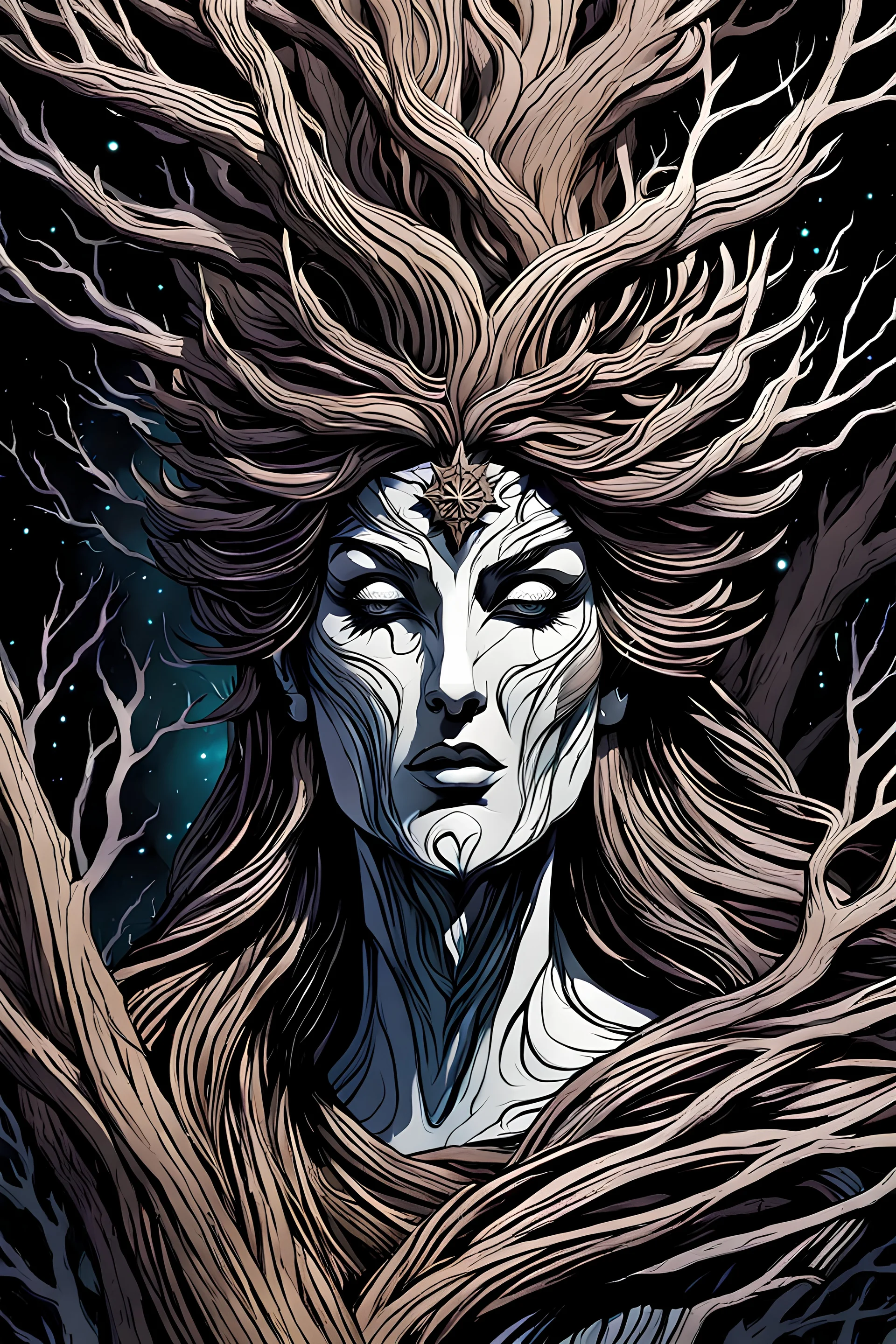 abstract expressionist comic book style illustration of a pagan druid priestess, bristlecone pine sculpture , dark and dry branches, harmony, intricately detailed, closed eyes, highly detailed facial features, ethereal, otherworldly, the smell of the ancient essence of eternity