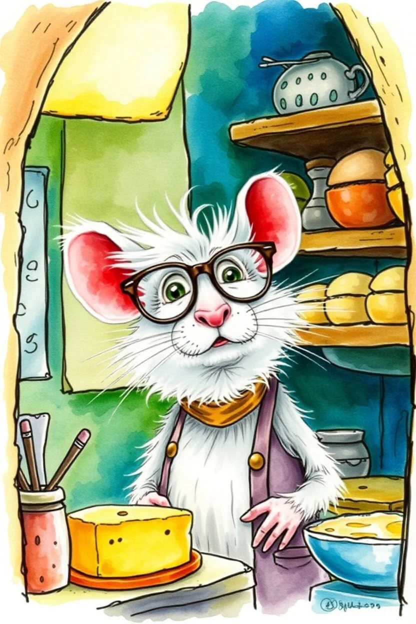 SKETCH WATERCOLOR PASTEL COLOURS - “Mr. Whiskers McStreusel old mouse inside his magic cheese shop, a wiry fellow with wild white hair and glasses so large they practically covered his whole face.”