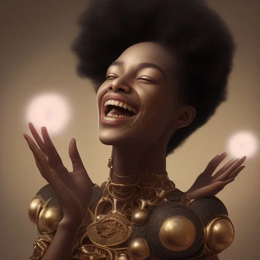 Octane render. 4K Oil painting. Fine art. Detailed. Fractal. Chakras. Sacred geometry. a brain exploding. kintsugi. Chaos. Portrait of a young black woman laughing. Screaming. Smiling. dark skin black woman .a mind exploding. limitless. .non linear reality . Laugh until you cry. Tears the colour of oil. joy rolling of her body. Tears of her eyes nose and mouth like a oil spill.