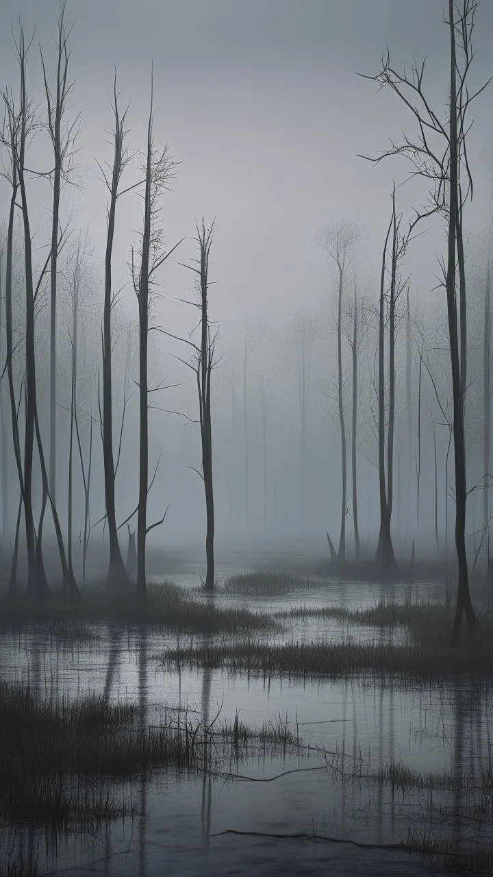 Field of bamboos gray trees in the swamp , dim light , foggy, sad, Bruegel painting style , cloudy, atmosphere,
