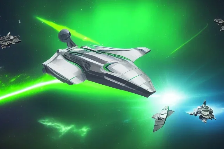 spaceship battle, spaceships, explosions, lasers, green lasers, explosions, painting