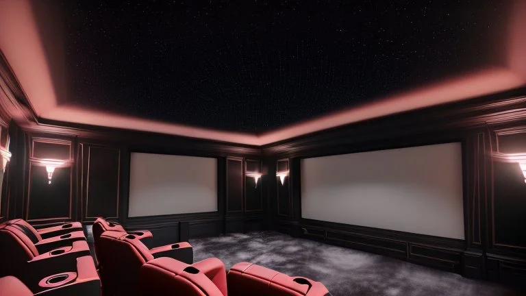 Generate an image of a sleek home cinema with our top-notch projectors and surround sound systems with a star-lined ceiling similar to a Rolls Royce in a high-rise penthouse