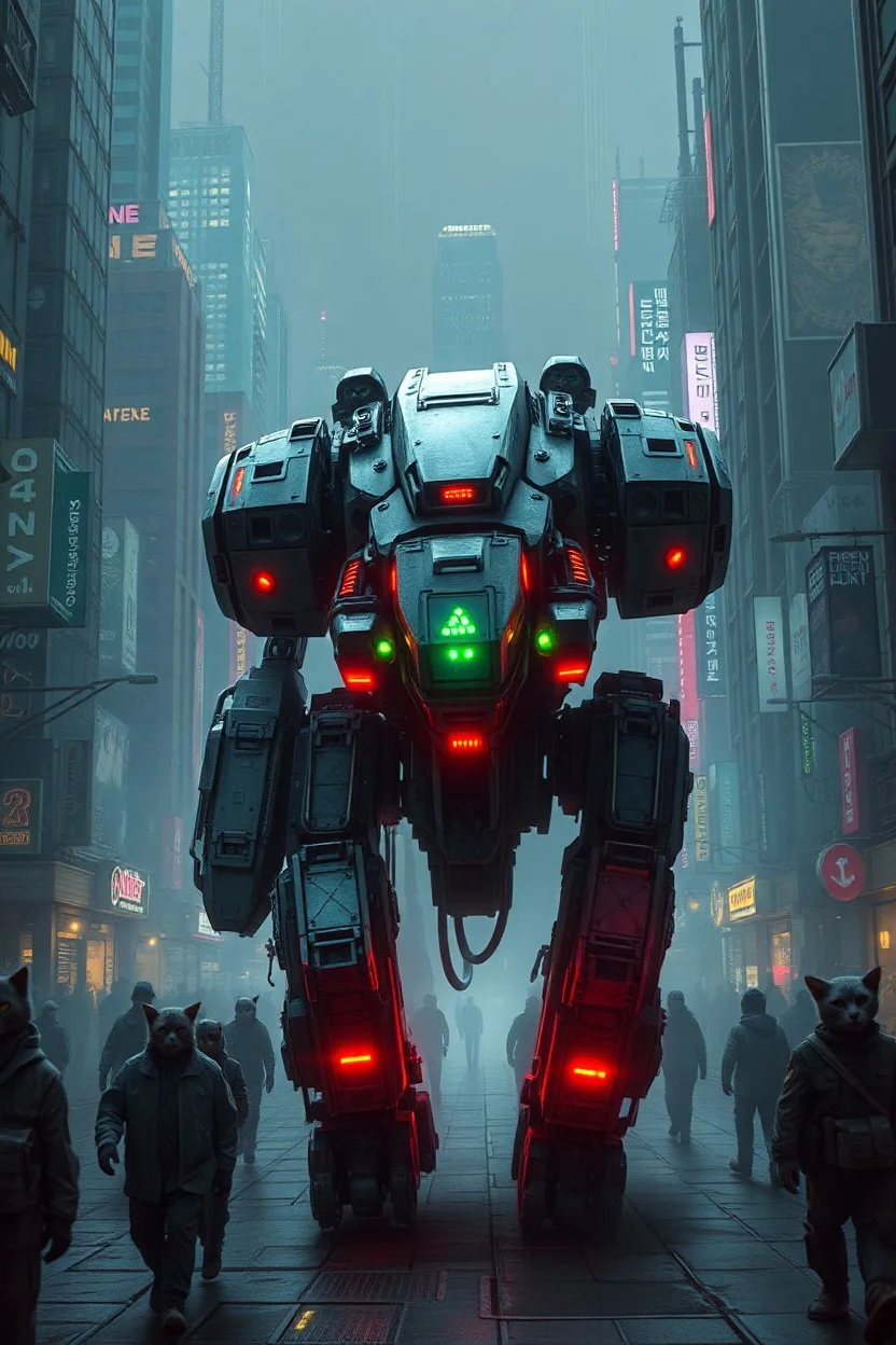 huge mechs walking through cyberpunk city full of cyber cats that looks high tech but primitive like neanderthals