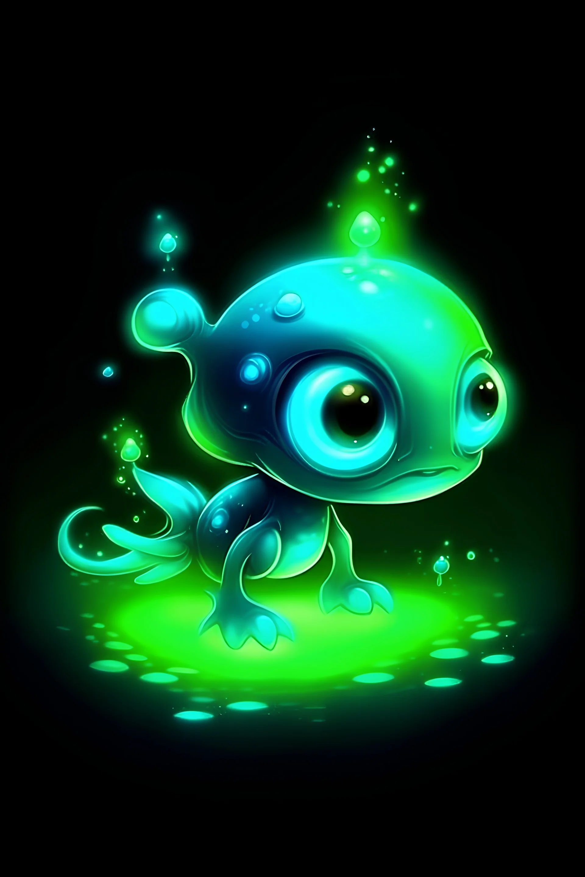 Cartoon Underwater bioluminescent cute tiny alien, macro art