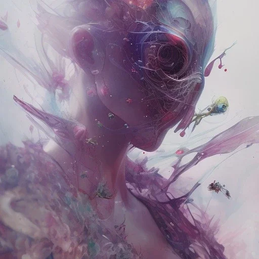 leaning pose, insects, nest, multiple eyes everywhere, watercolor illustration by <agnes cecile> <Yoji Shinkawa>,