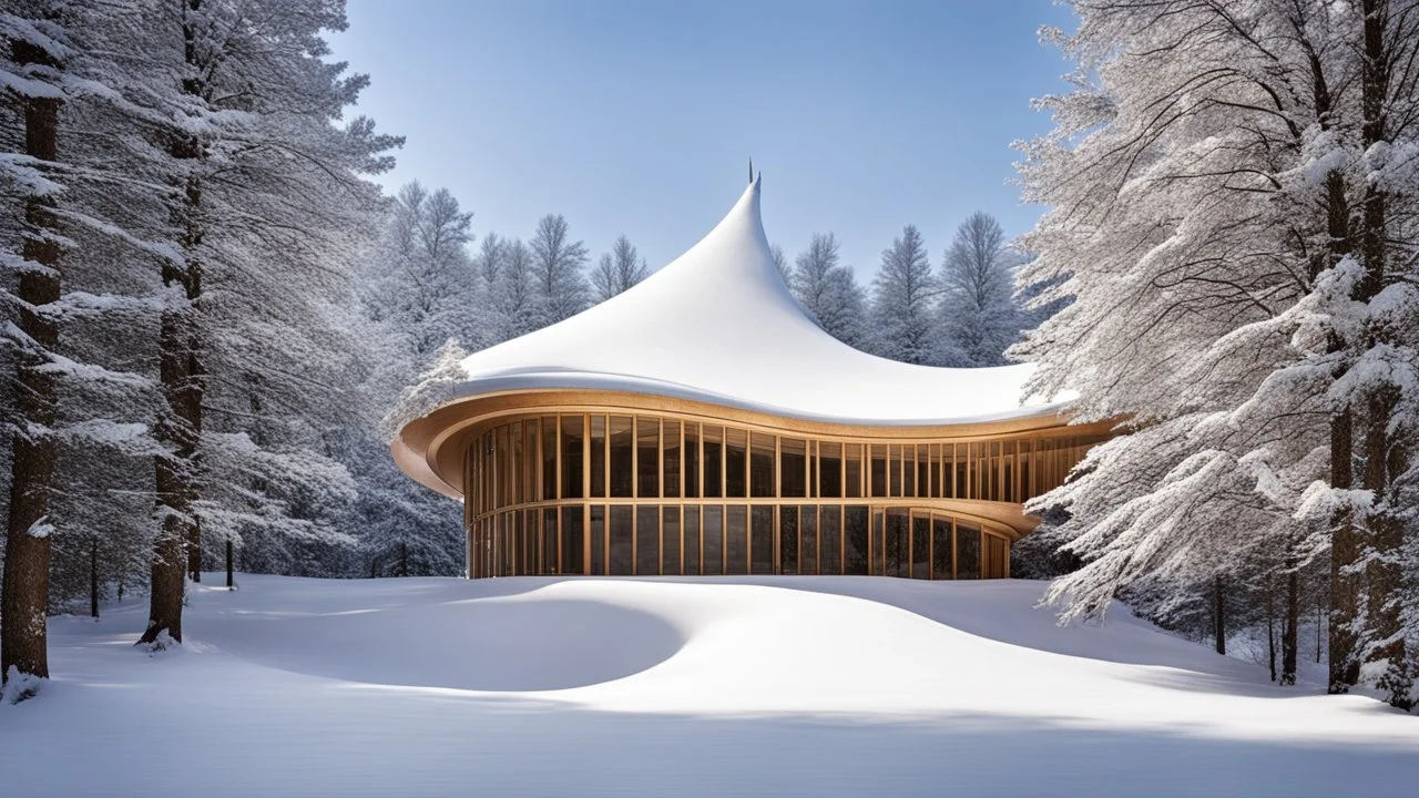 7195, rule of thirds, delightful, sensitive, confident, undulating sinusoidal theatre with pointed hyperbolic roofs, forest, delicate, thick snow, sunshine, symmetrical, exquisite architecture, innovative design, perfect symmetry, award-winning photograph, beautiful composition, filled with beautiful detail, delicate colour, chiaroscuro