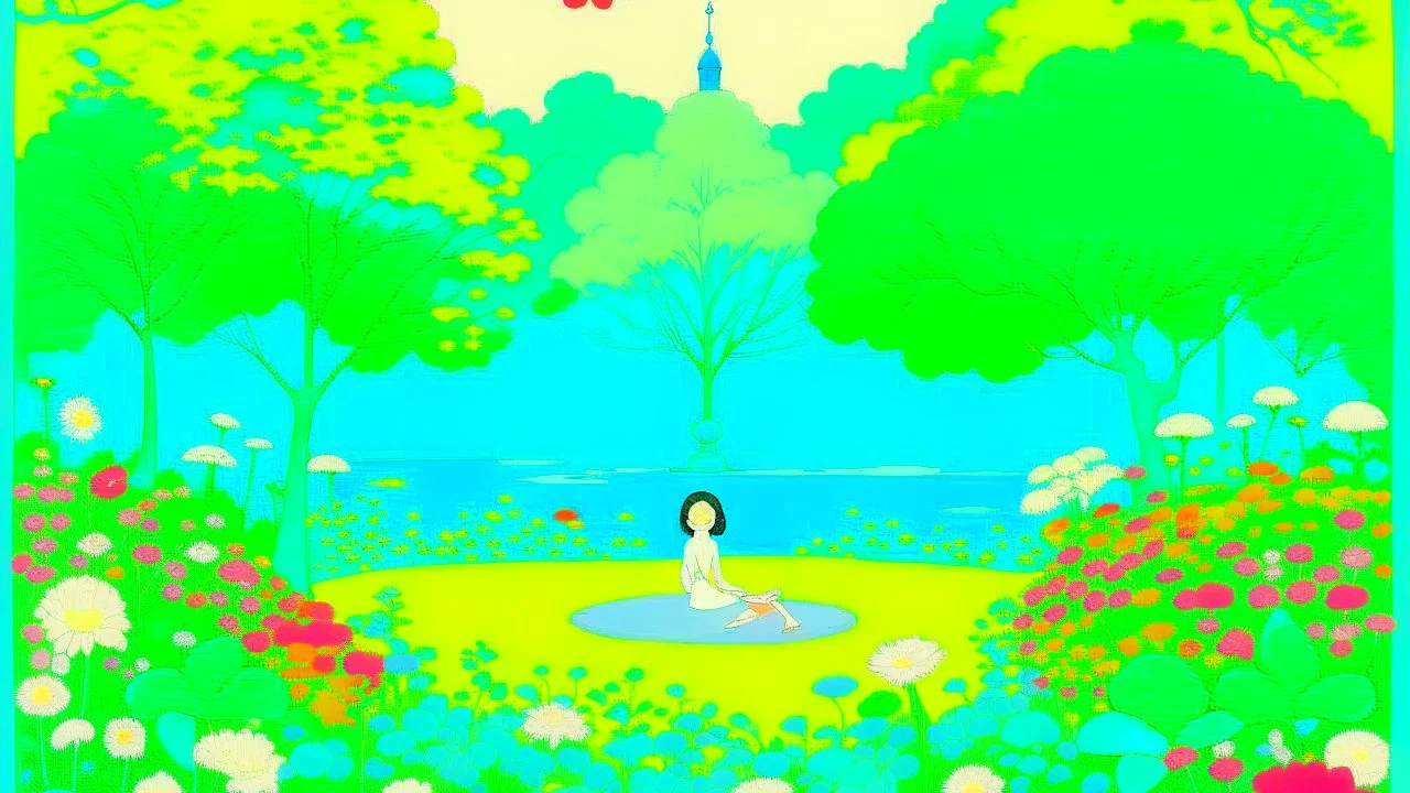 An illustration by Miyazaki and Monet of yogis practicing surrounded by blooming flowers and lush vegetation.