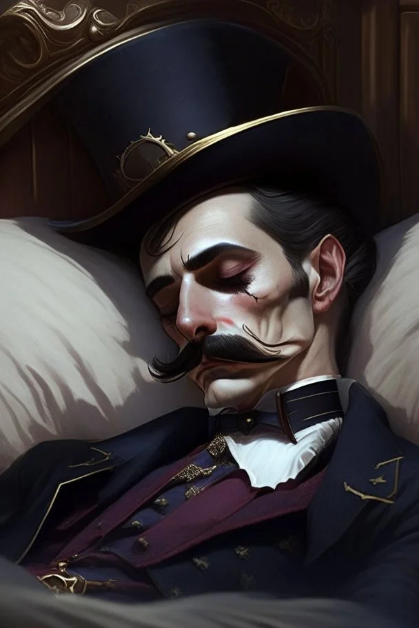 Strahd von Zarovich with a handlebar mustache wearing a top hat and taking a nap